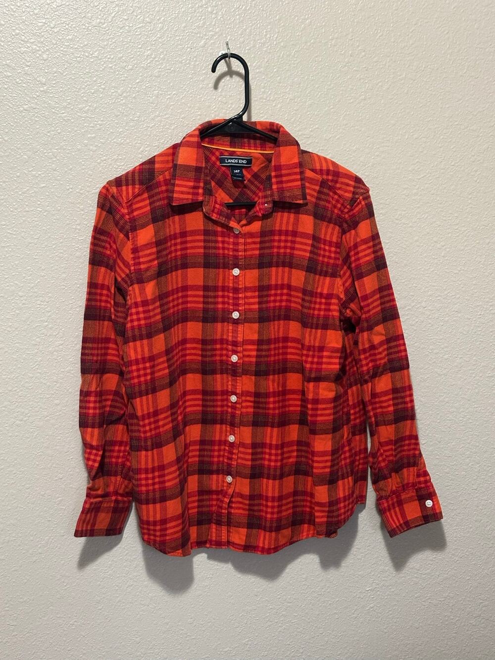 Women’s Lands' End Red Orange Plaid Flannel Long Sleeve Button-Up Shirt, 14P L